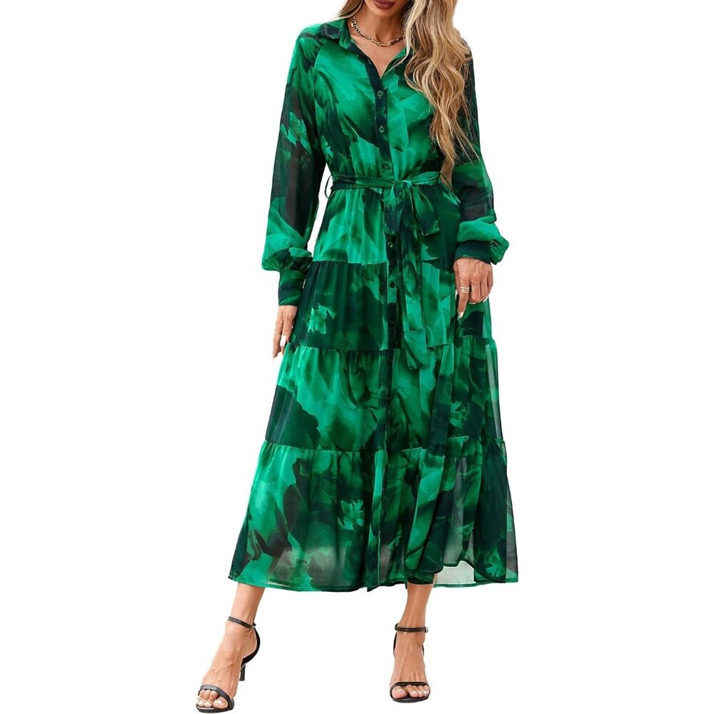 Women's Green Long Sleeve Button Down Boho Belted Floral Elegant Casual Maxi